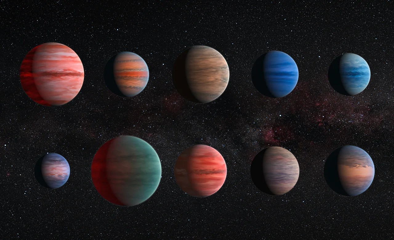 Artist's impression of the ten hot Jupiter exoplanets. Two rows of exoplanet illustrations. There are 5 planets of varying sizes, colors, and atmos...