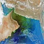 Satellite view of the Gulf of Oman and surrounding land. The land is all a shade of brown, ranging from reddish, to khaki to a non-descript light brown. The water of the gulf of oman is completely green in this image, at it's most dense it is a forest green color. To the northwest the Persian Gulf waters that feed the Gulf of Oman start to show a light shade of greening near the Strait of Hormuz. As the Gulf of Oman opens up into the Indian Ocean the shade of green lightens and disperses into vibrant blue waters in a series of eddies. Greening can also be seen along much of the included coastline away from the gulf as well. Some light cirrus clouds can be seen with the densest surrounding the Persian Gulf in the top left corner.